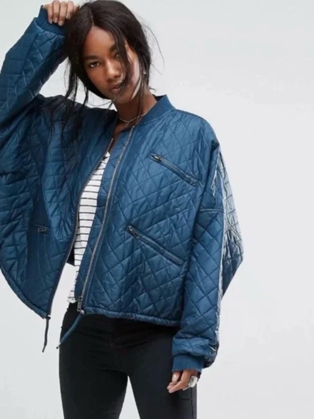 Free People Easy Quilted Dolman Bomber Jacket Sz L Oversized Teal Blue Womens